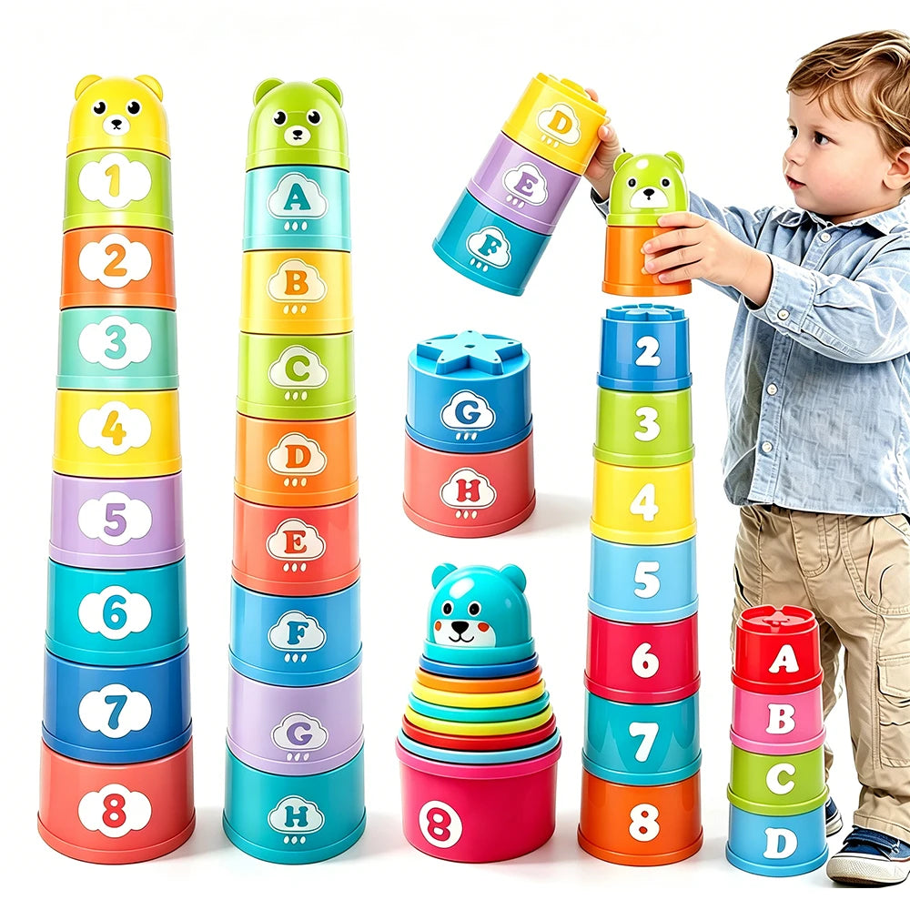 A boy is stacking colorful rainbow cups in a tower, demonstrating the set for sorting and speed games.
