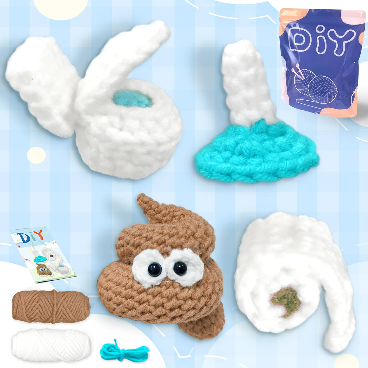 Collection d'animaux en crochet blanc et marron, incluant une créature blanche duveteuse, un oiseau brun et divers fourniture