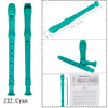 Cyan colored recorder flute for kids with a cleaning stick shown in various views and dimensions
