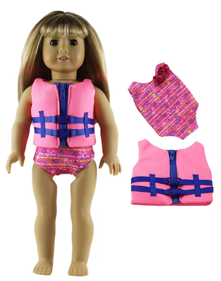 A doll wearing a pink and purple outfit set including a vest and a top with a floral detail.