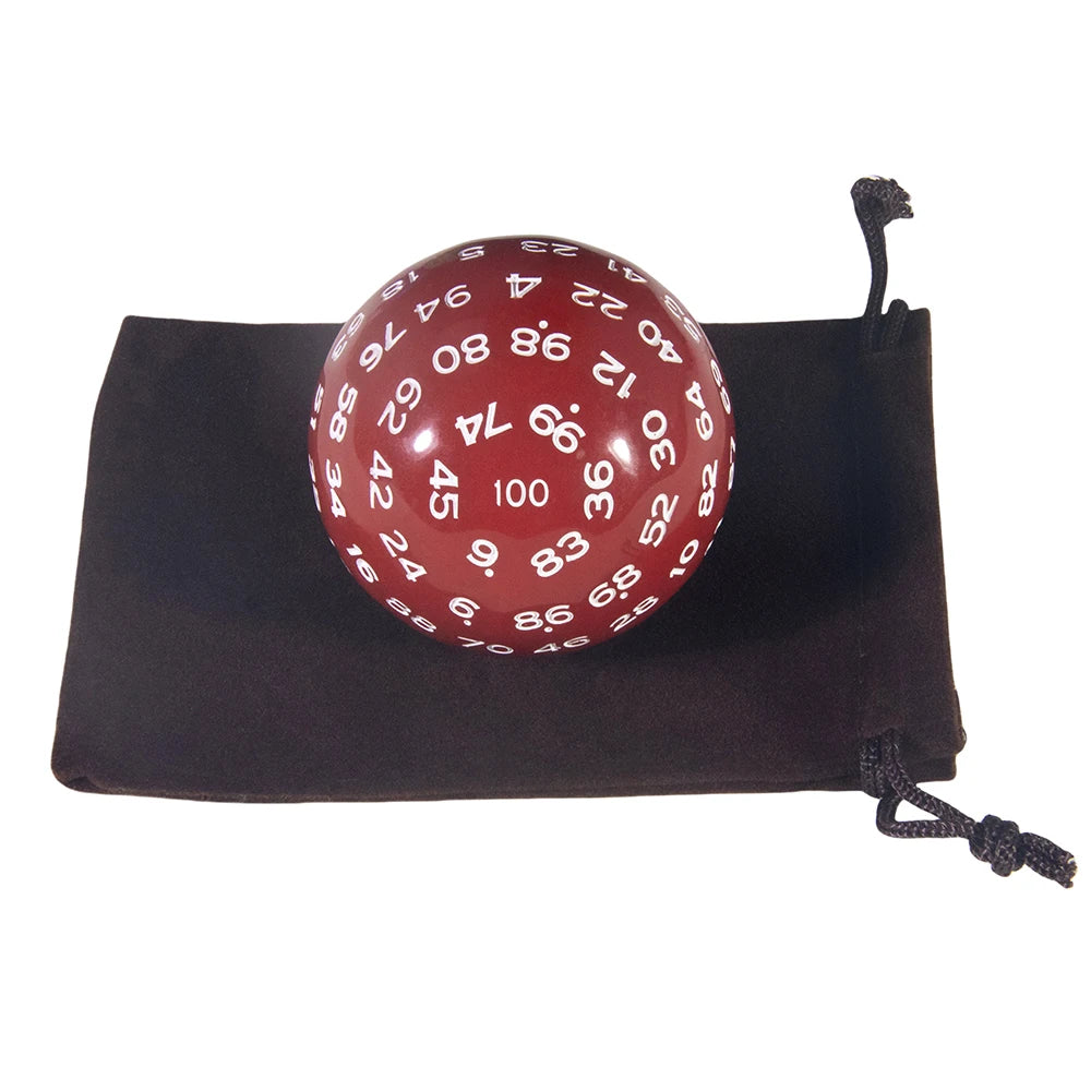 A red 40-sided polyhedral die with numbers inscribed, resting in a dark storage bag.