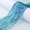 A close-up of blue-green faceted crystal beads strung together, showcasing their sparkle and texture.
