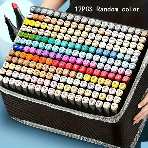 A set of 12 permanent sketch markers in random colors displayed in a black storage case.