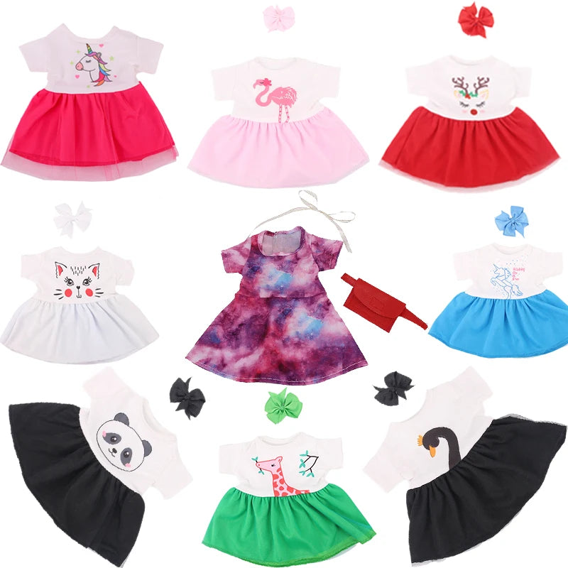 A collection of handmade doll dresses featuring various colors and patterns for 18-inch American Girl dolls.