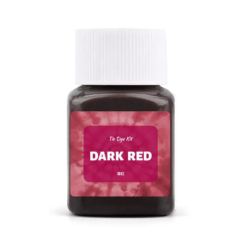 A dark red textile fabric dye kit in a glass bottle with a white cap.