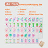A set of 160-piece American Mahjong tiles featuring various suits and characters in pink, green, and white acrylic.