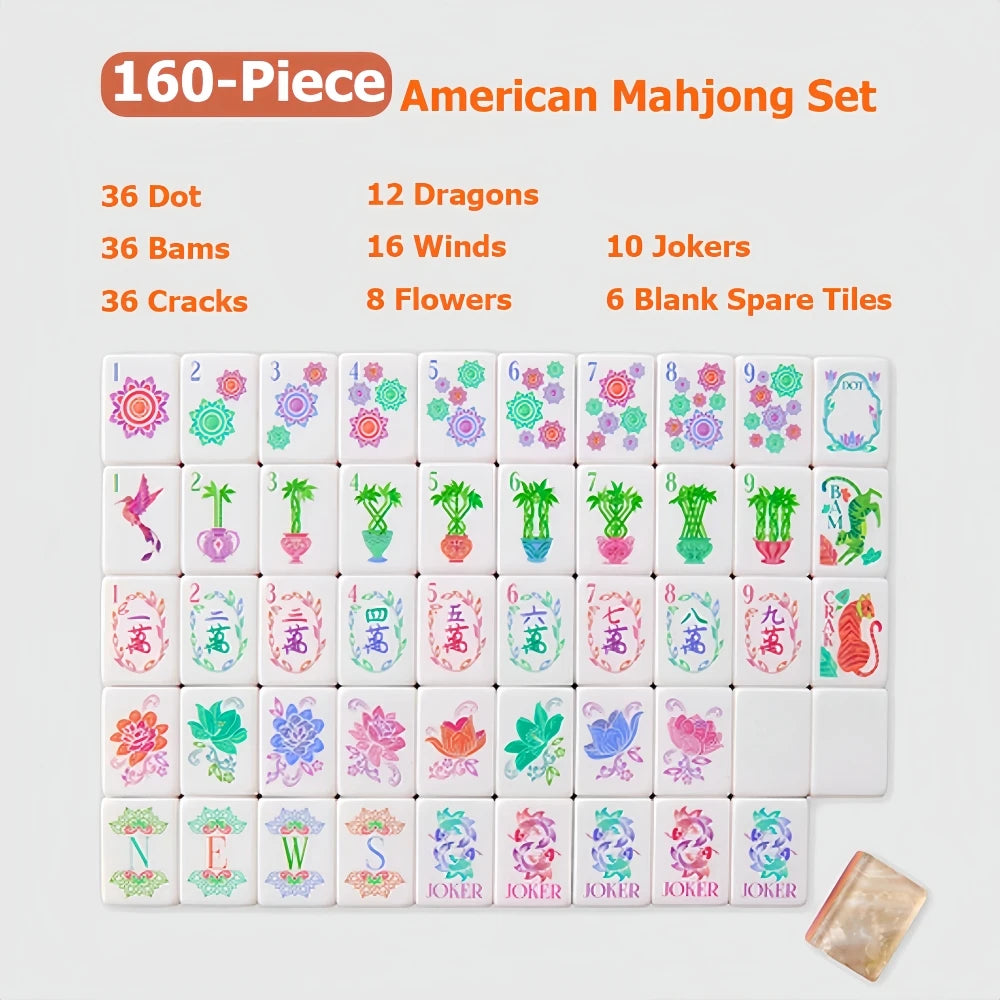 A set of 160-piece American Mahjong tiles featuring various suits and characters in pink, green, and white acrylic.