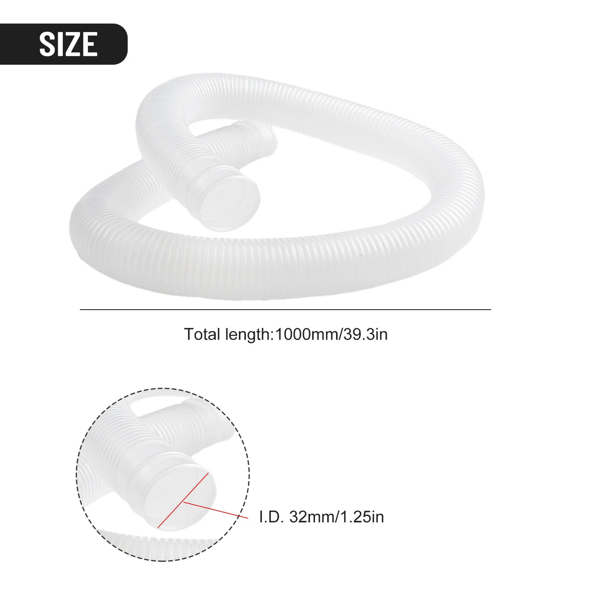 A white flexible pool pump hose with a smooth, curved design and a clear indication of its inner diameter.