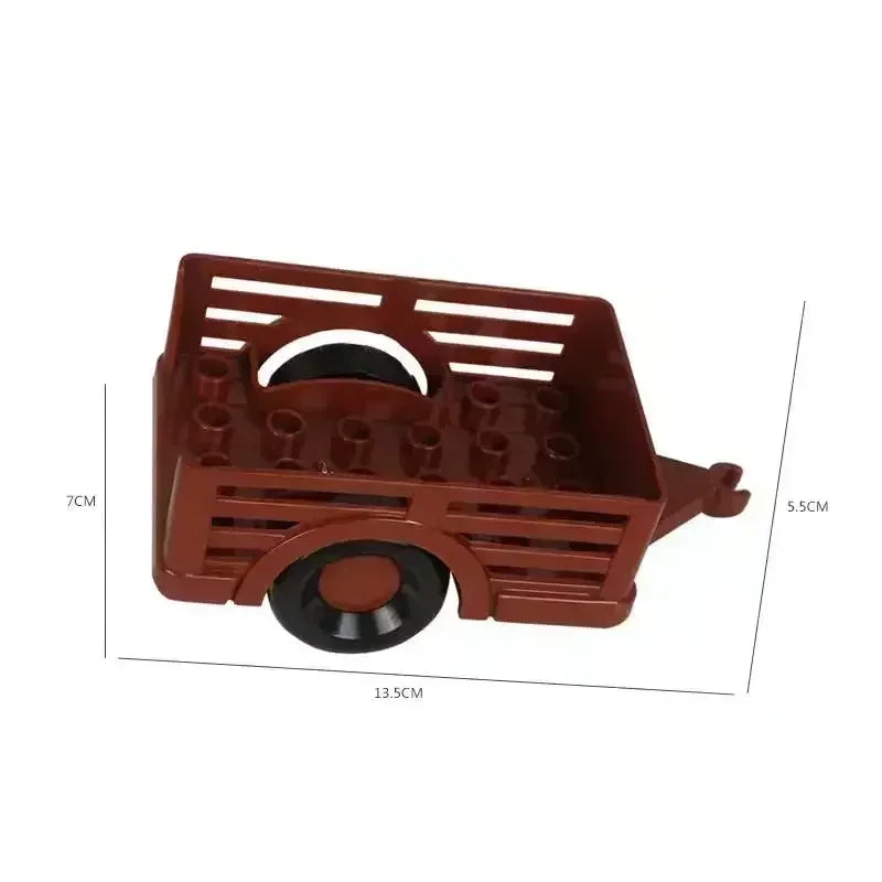 A brown plastic city traffic vehicle building block set featuring trucks and buses.