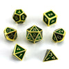 A collection of polyhedral dice in green and gold metal finish, including a d4, d6, d8, d10, d20, and d12.