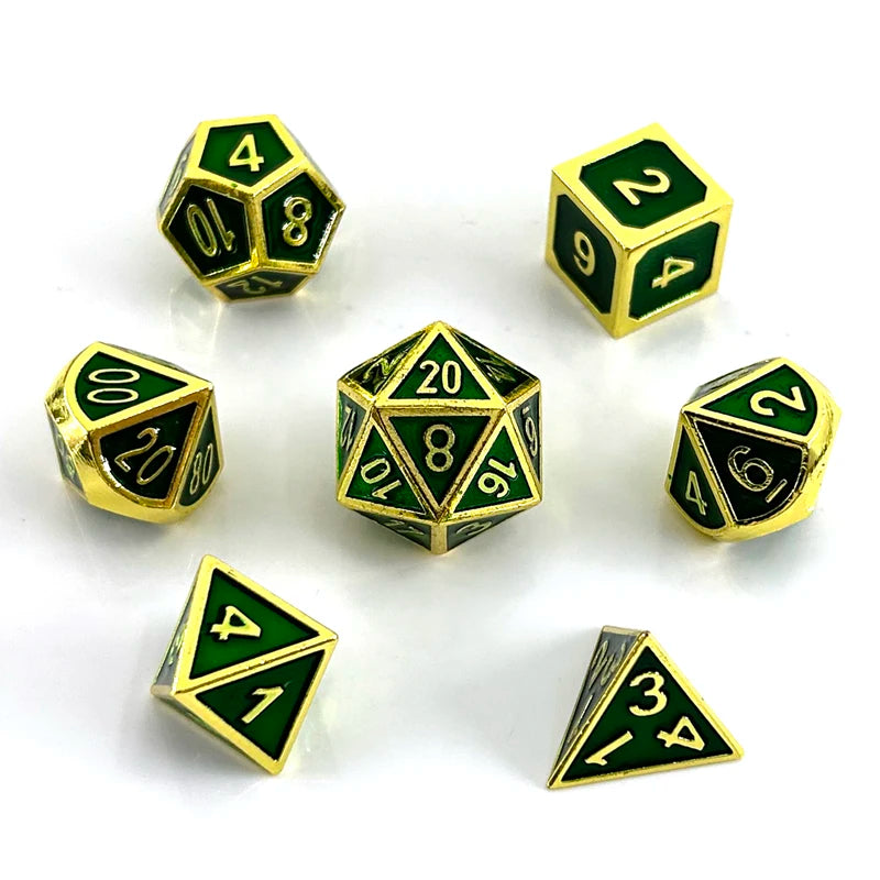 A collection of polyhedral dice in green and gold metal finish, including a d4, d6, d8, d10, d20, and d12.