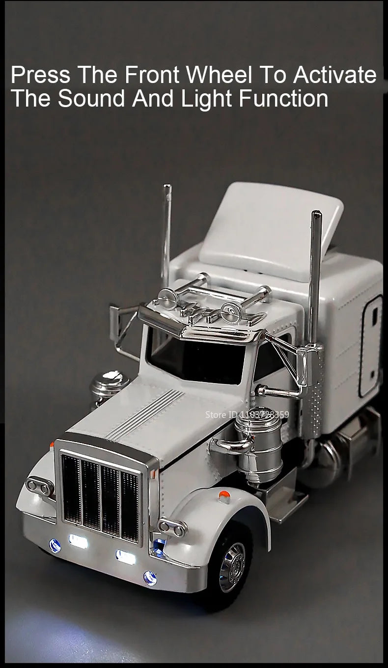 A silver diecast container truck model is shown with a prompt to press the front wheel to activate sound and light functions.