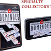 A black tin box containing 28 colorful domino tiles for a game of Dominoes.