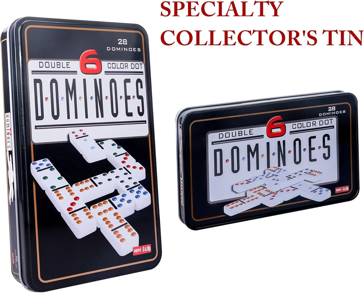 A black tin box containing 28 colorful domino tiles for a game of Dominoes.