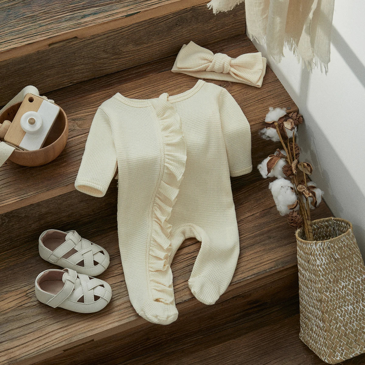 A cream knit romper for a baby girl with ruffled details and a matching headband displayed on a wooden surface.