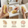 A hand holds a yellow peanut squishy stress relief toy, demonstrating tactile feedback and a calming effect.