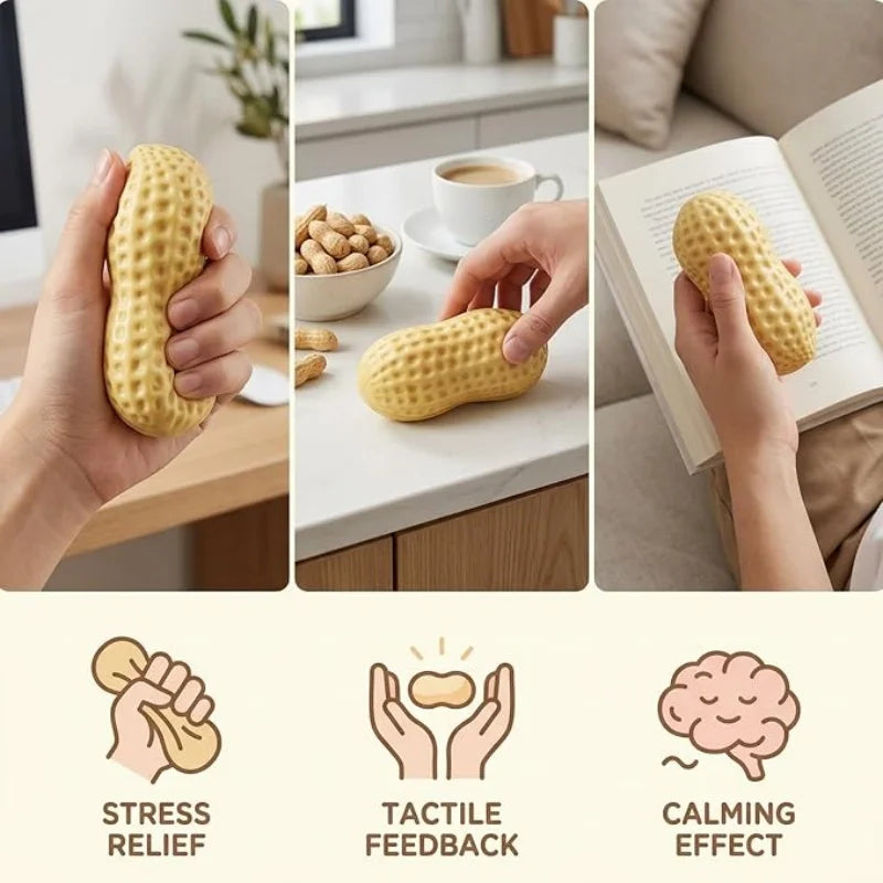 A hand holds a yellow peanut squishy stress relief toy, demonstrating tactile feedback and a calming effect.