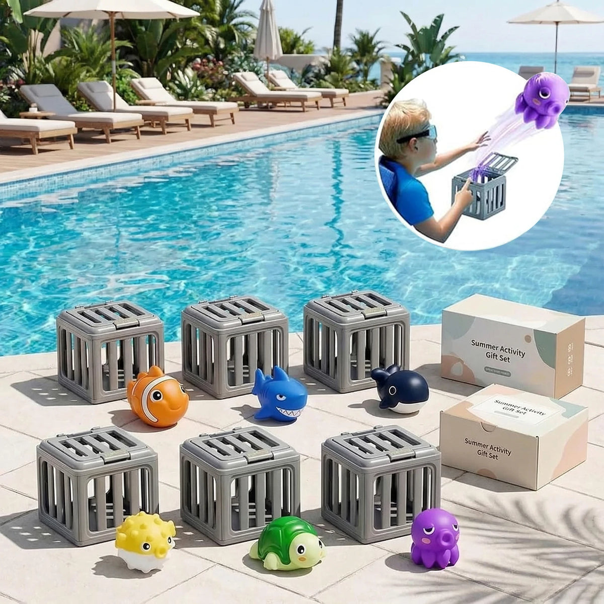 A set of plastic ocean rescue toys for toddlers including various sea creatures like a fish, shark, and dolphin.