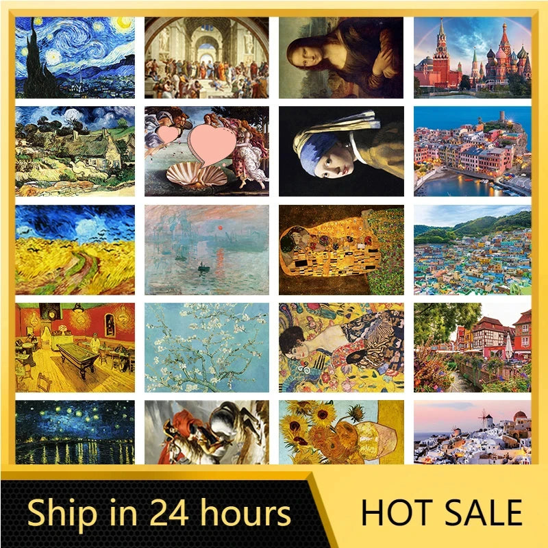 A collection of 1000 jigsaw puzzle pieces depicting Van Gogh's Starry Night painting.
