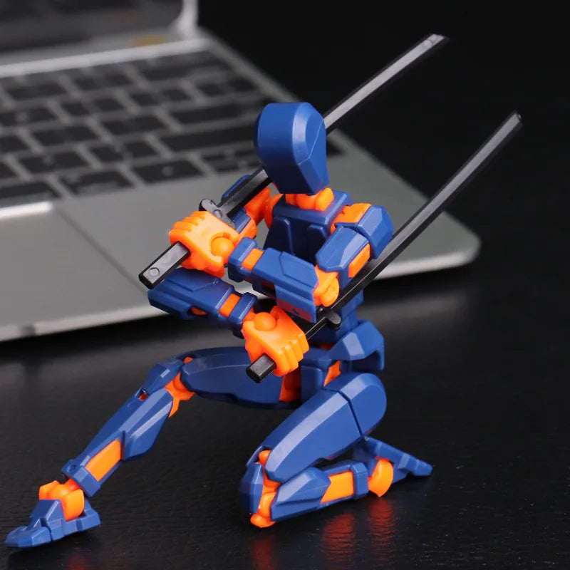 Ein blau-orangefarbener, mehrgelenkiger Transformationsroboterhandschuh-Puppen in dynamischer Pose auf einer dunklen Oberfläc