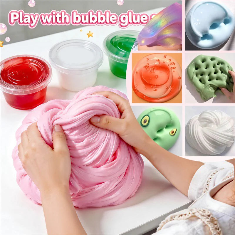 Hands are playing with pink bubble glue and various colored slime textures.