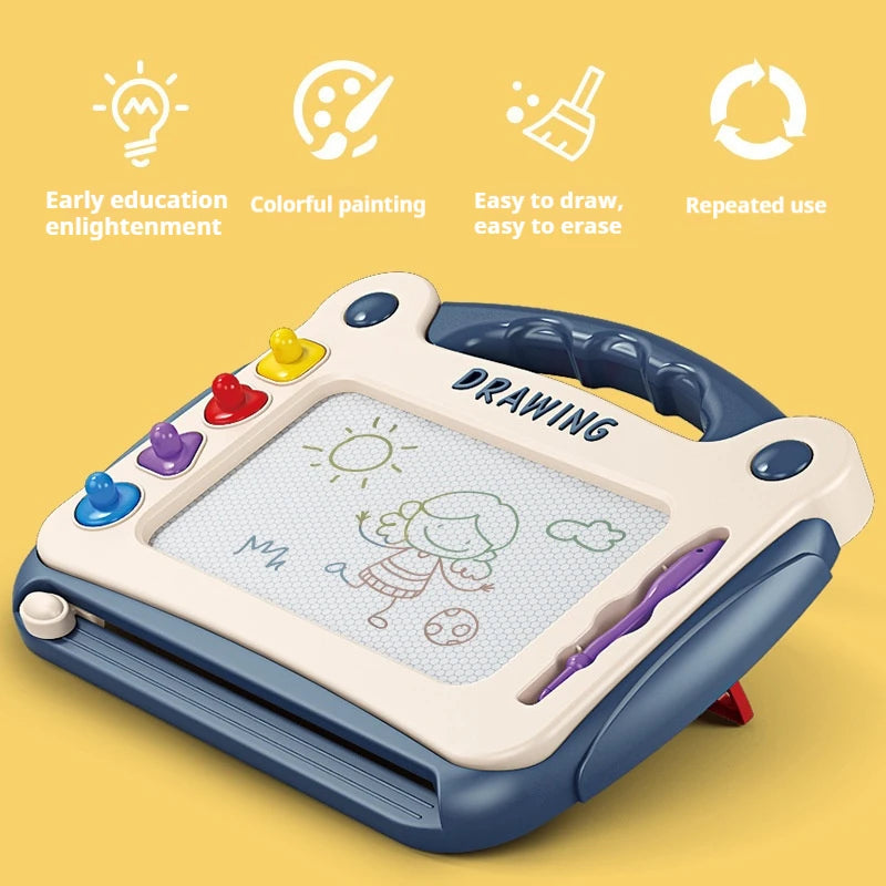 A blue magnetic drawing board for kids showing a colorful drawing of a girl and clouds.
