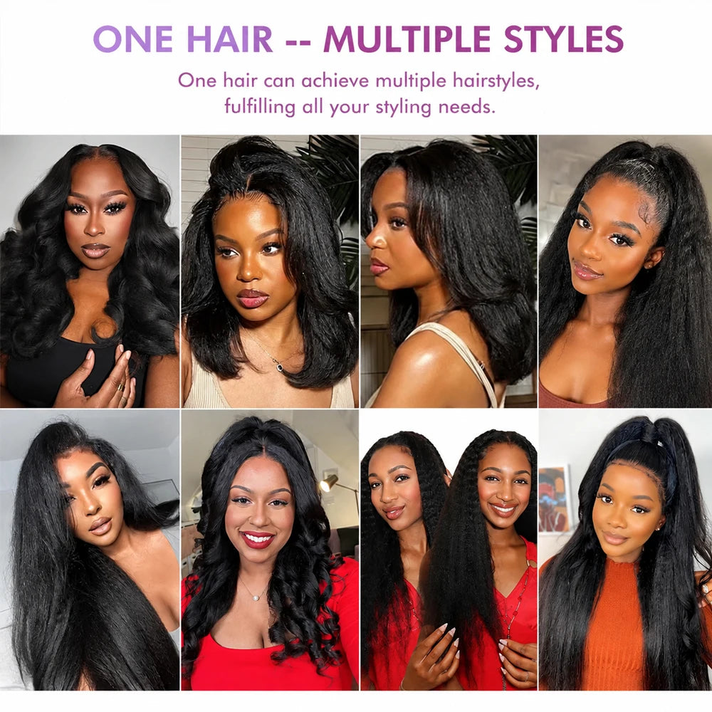 A collage showing multiple styles of black kinky straight crochet hair extensions on a model's hair.