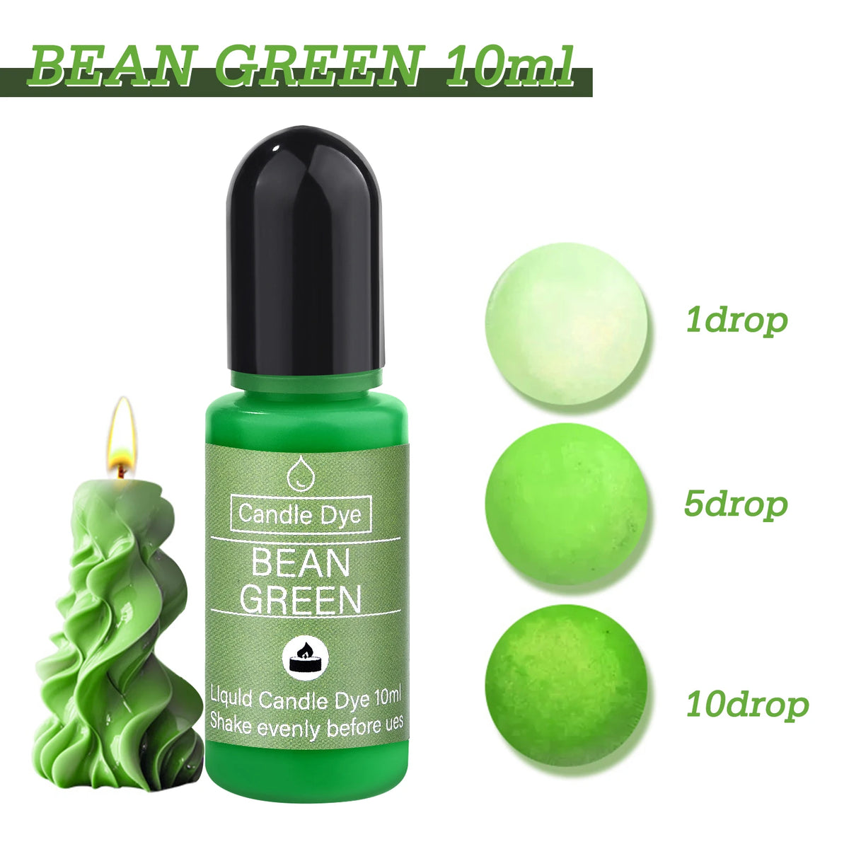 A bottle of Bean Green 10ml liquid candle dye with a dropper, next to 1, 5, and 10 drop measurements.