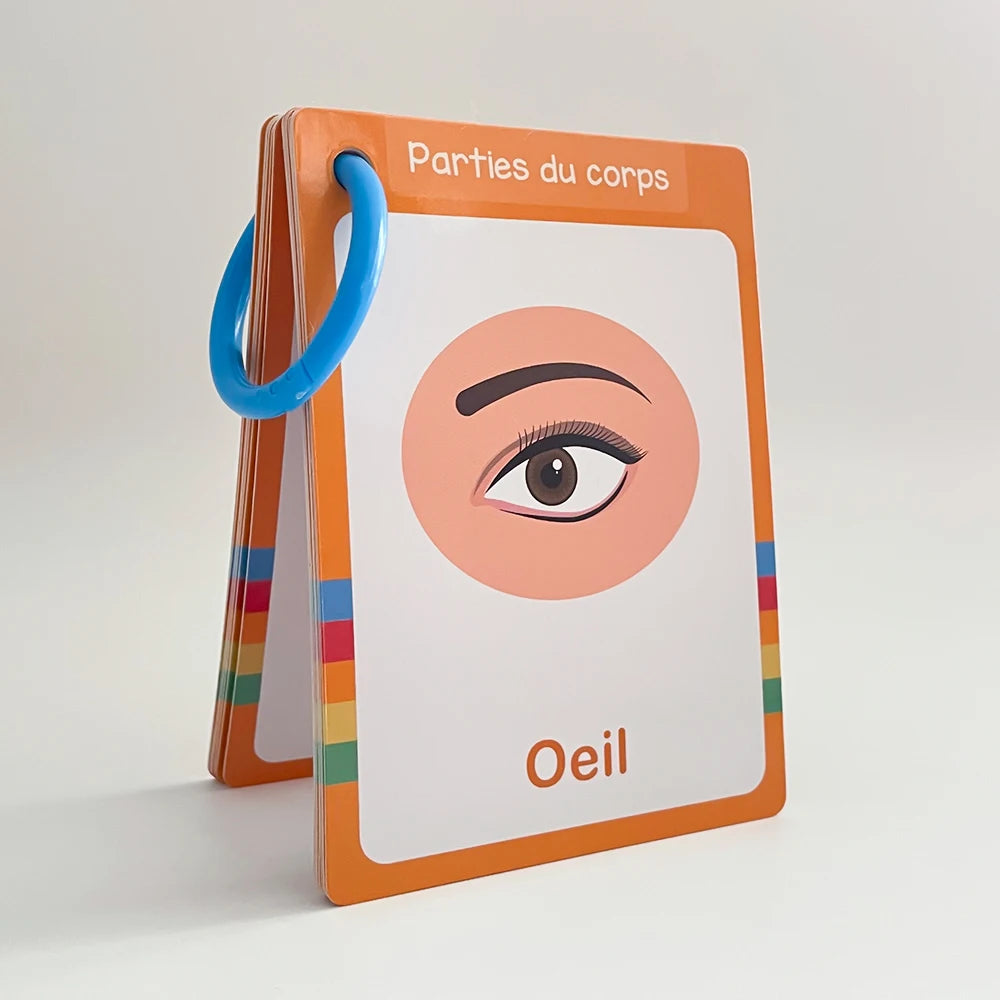 An orange flash card titled Oeil (Eye) from a set of bilingual vocabulary cards.