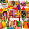 A colorful set of toy food items including fruits, vegetables, and meats arranged for pretend play.