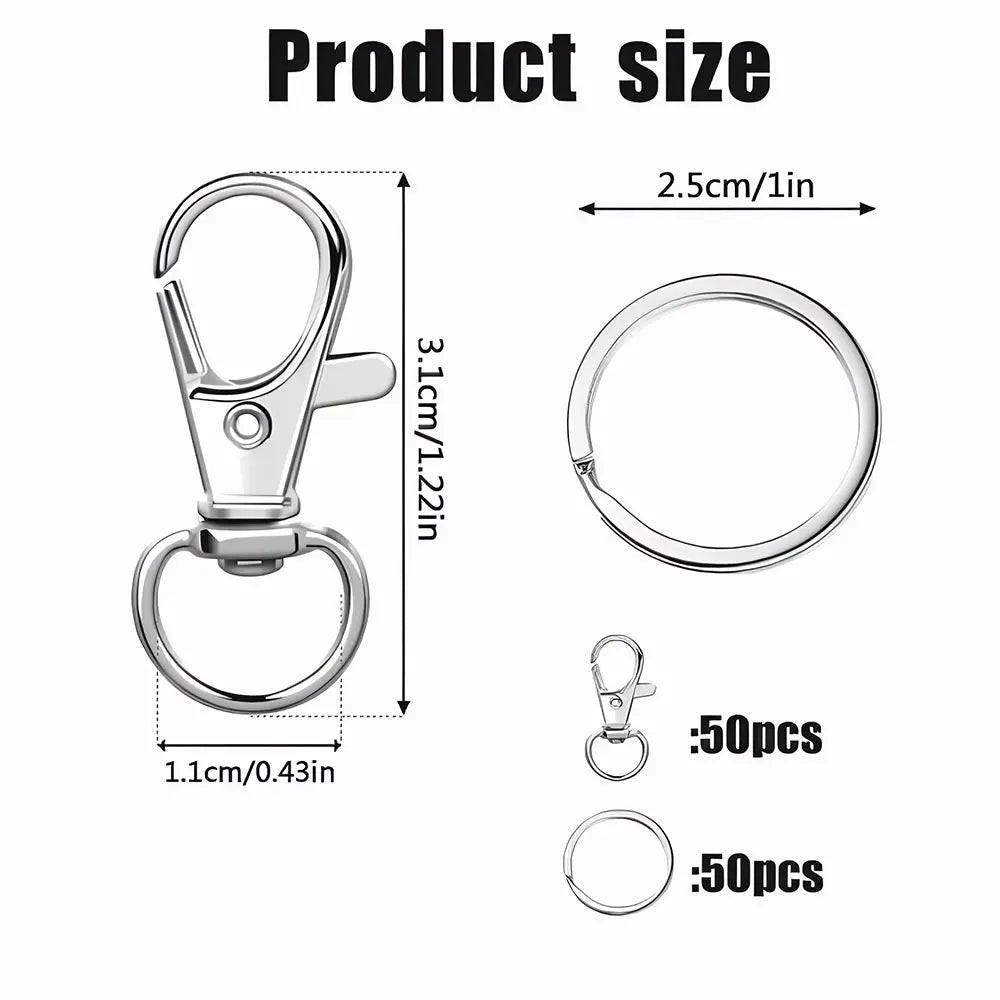 Diagram showing the size of metal keychain hooks, including a swivel clasp and key ring dimensions.