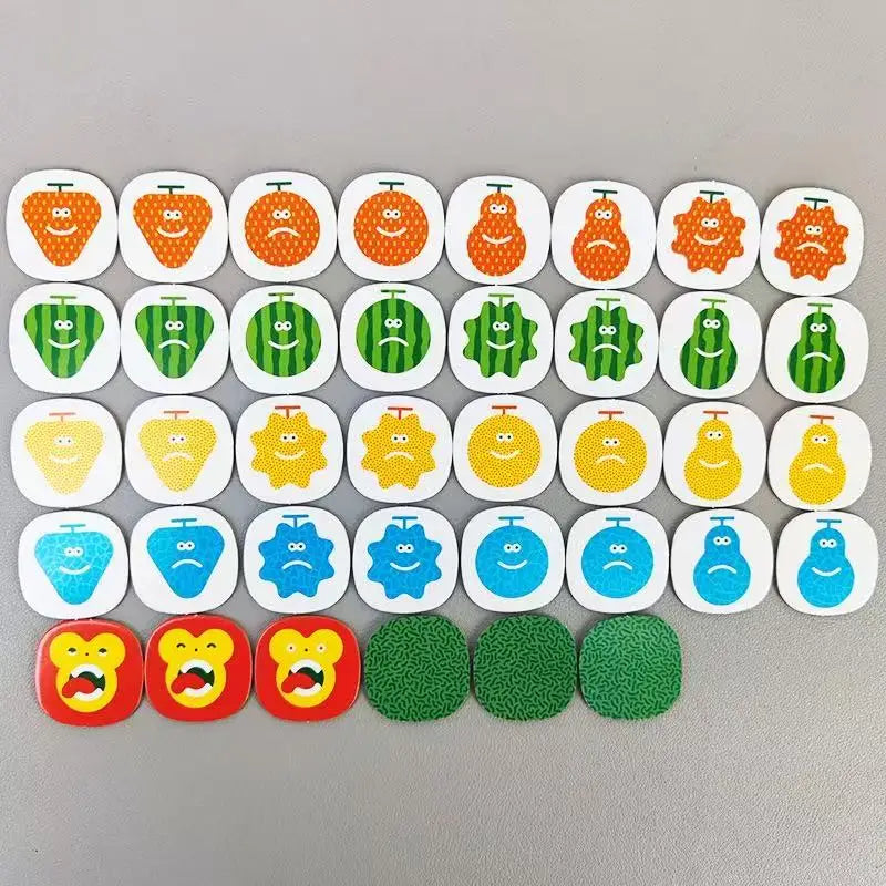 A collection of 20 circular face cards in various expressions and colors for a strategy board game.