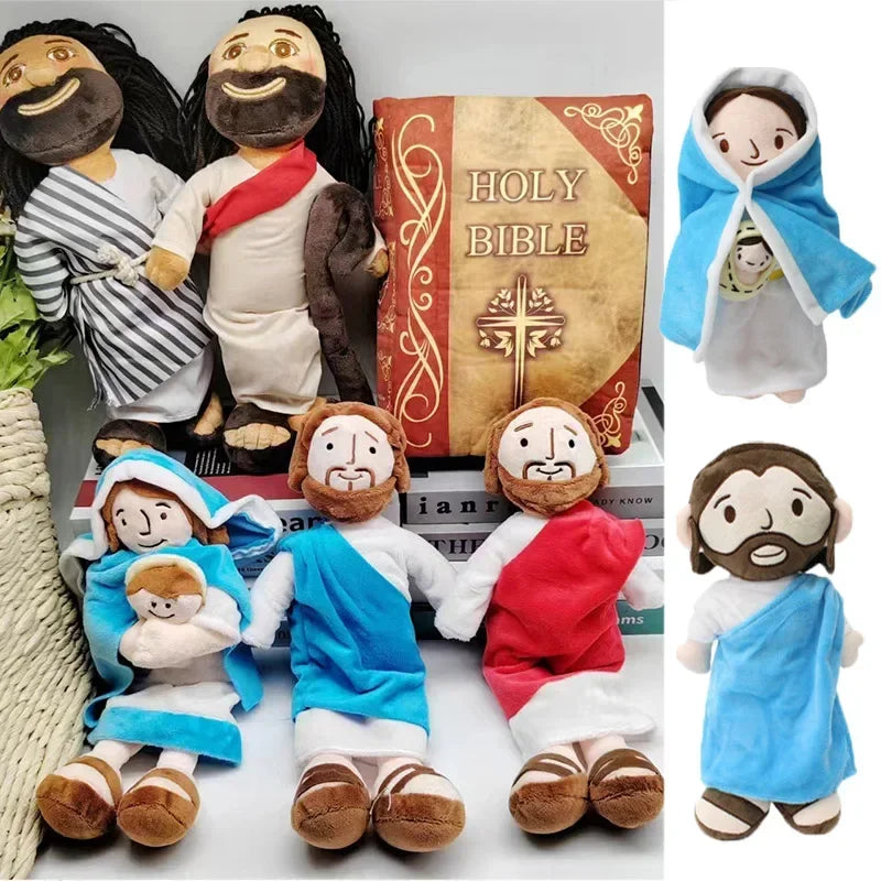 A set of plush dolls depicting Jesus and the Virgin Mary, including a large Bible prop.