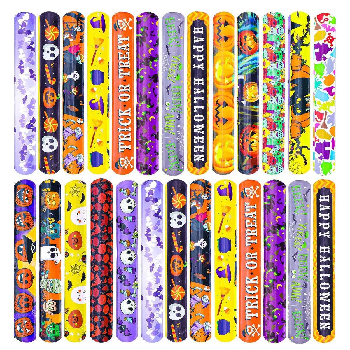A set of ten colorful Halloween skull and pumpkin fidget toys in various vibrant colors.