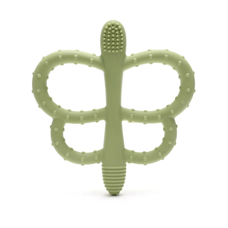 A soft silicone butterfly teether in light green color.