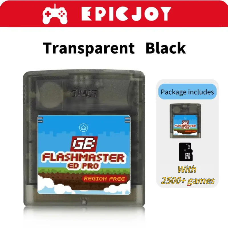 Transparent Black Retro Game Boy Flash cartridge package including 2500+ games
