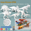 A set of six large dinosaur figures, two brushes, six pigments, and one plate for a DIY painting kit.