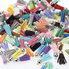 A collection of mixed color velvet tassels in various shades including pink, purple, green, yellow, and brown.