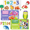 A set of Montessori magnetic alphabet and number puzzles featuring animals like a horse, fish, and cow.