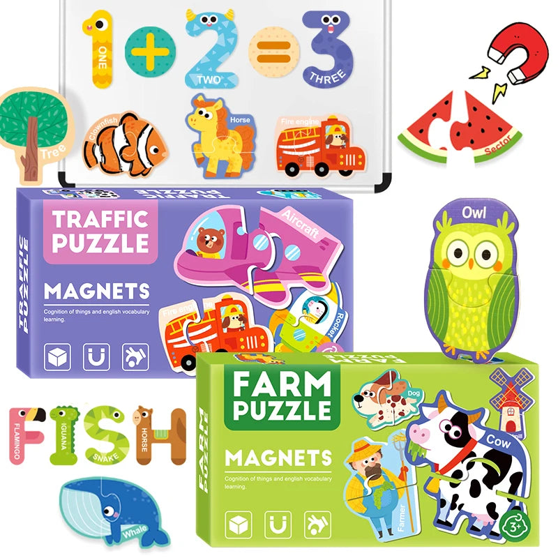 A set of Montessori magnetic alphabet and number puzzles featuring animals like a horse, fish, and cow.