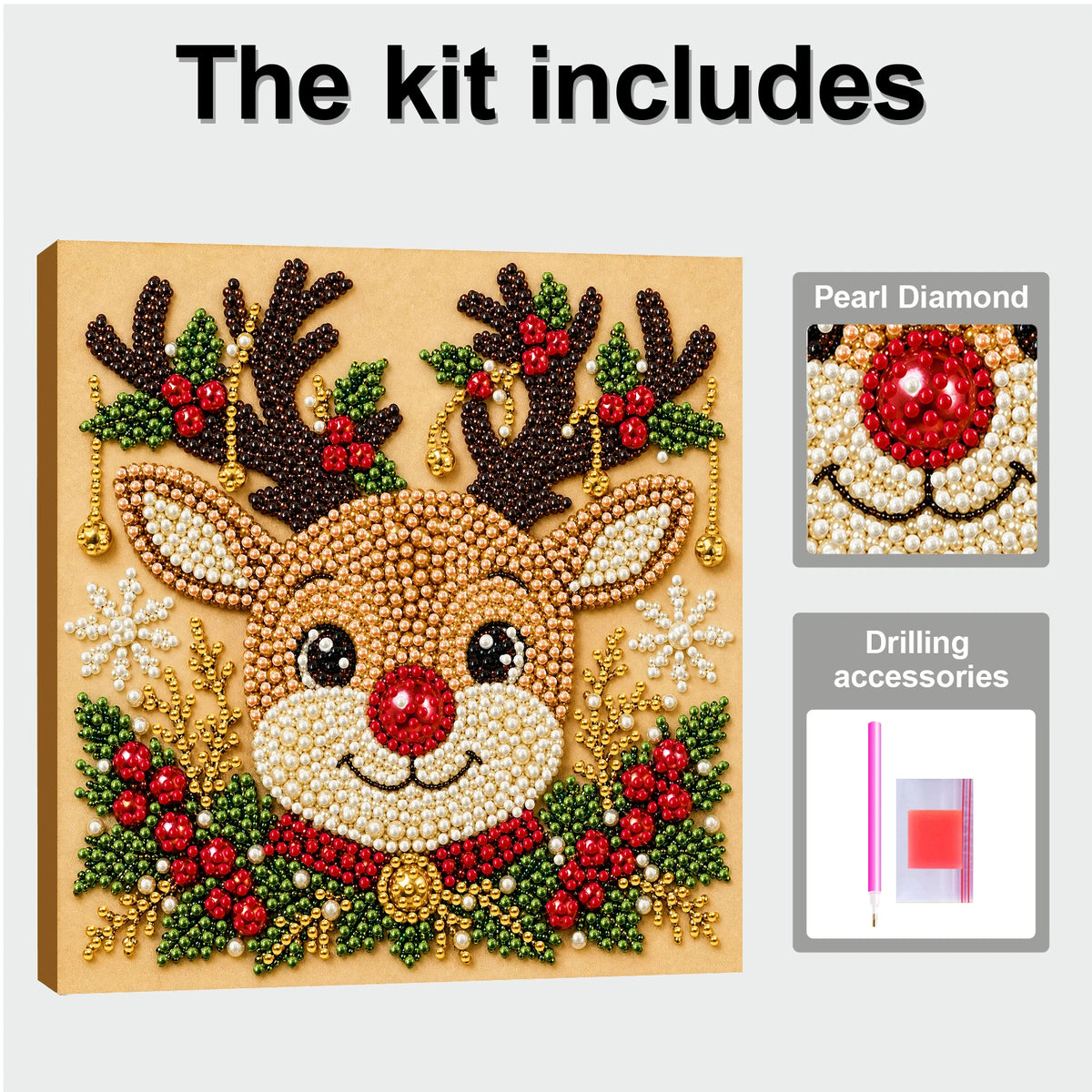A kit for pearl diamond painting featuring a reindeer design on a wooden frame, including drilling accessories.