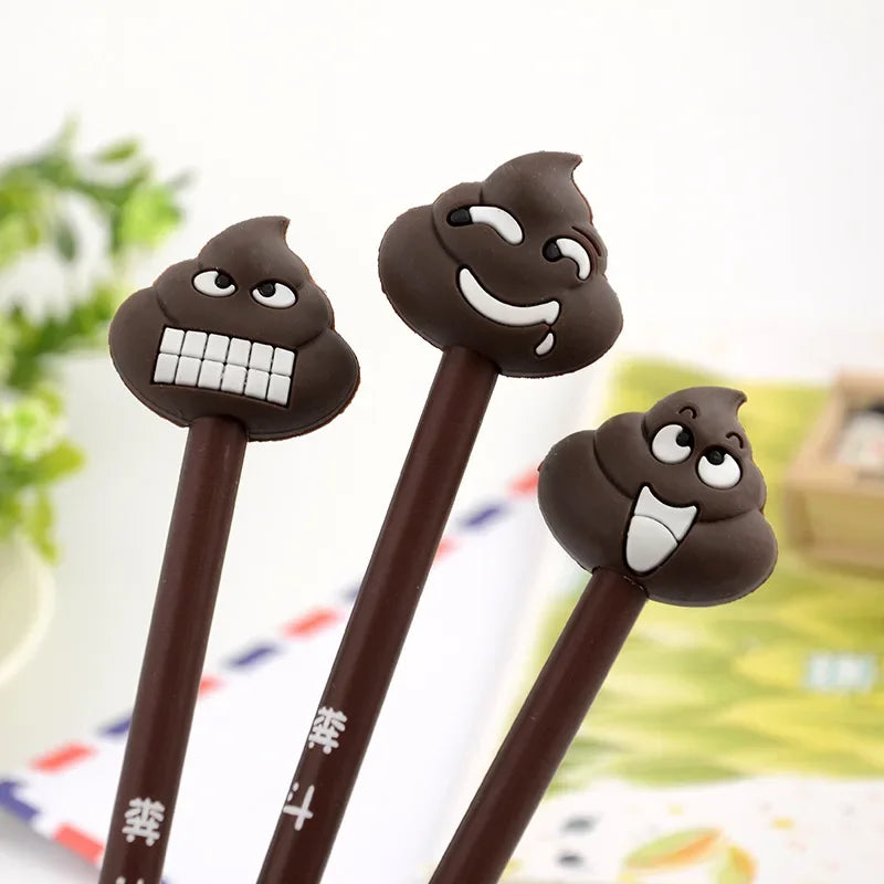 A pack of three novelty cartoon poop-shaped gel pens with brown bodies and white details.