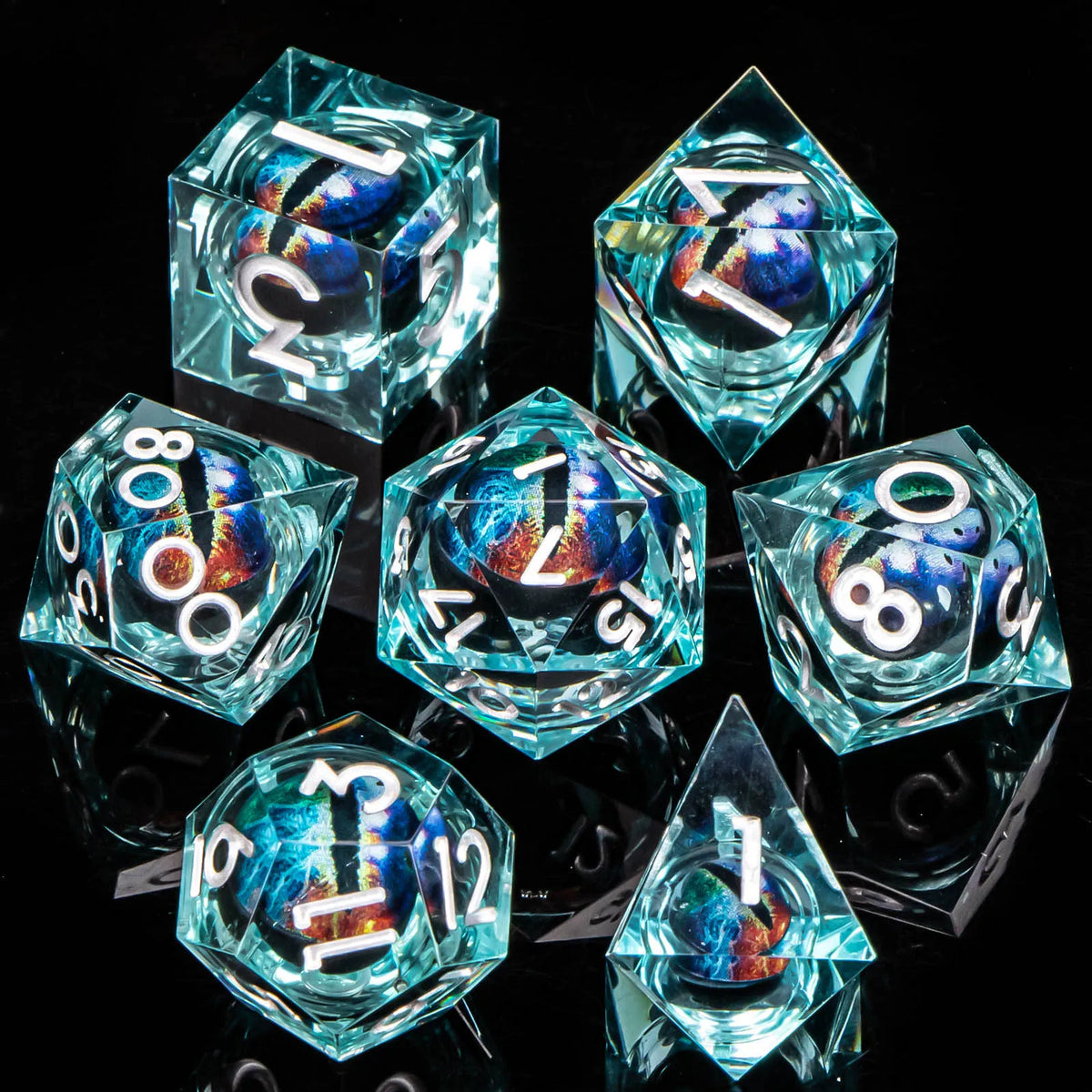 Dragon Eye Resin Dice Set with Liquid Core - 7 Polyhedral Dice for RPG Gaming