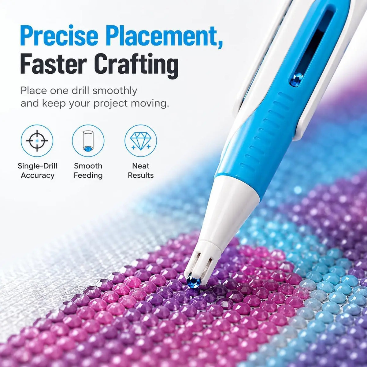 A close-up of a blue and white diamond painting pen is smoothly placing beads onto a fabric surface.