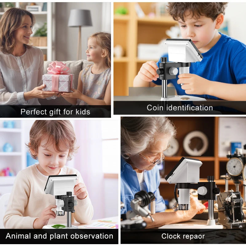 A collection of images showing a portable digital microscope used for gift-giving, coin identification, animal and plant obse
