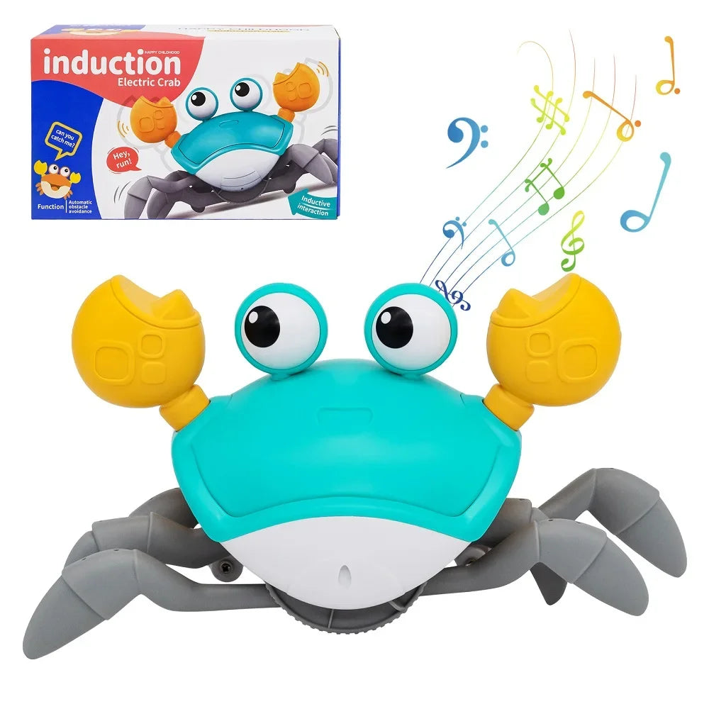 A bright blue electric crab toy with yellow eyes and claws is shown, featuring music and obstacle avoidance functions.
