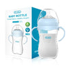 Dr. Isla baby bottle with handle in clear and light blue plastic packaging