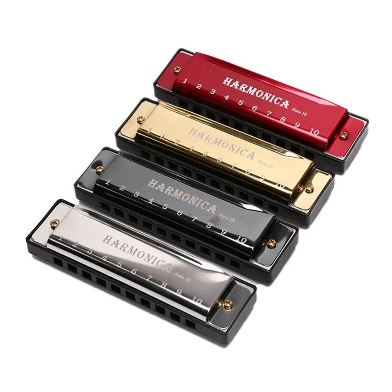 A set of three harmonica models, including a 10-hole diatonic harmonica and its carrying case.