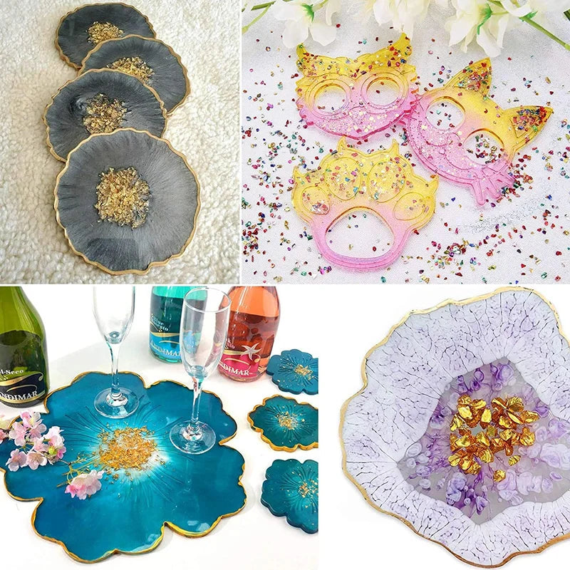 A collection of crushed glass in various colors and textures including gray, yellow, pink, and blue for resin and jewelry mak