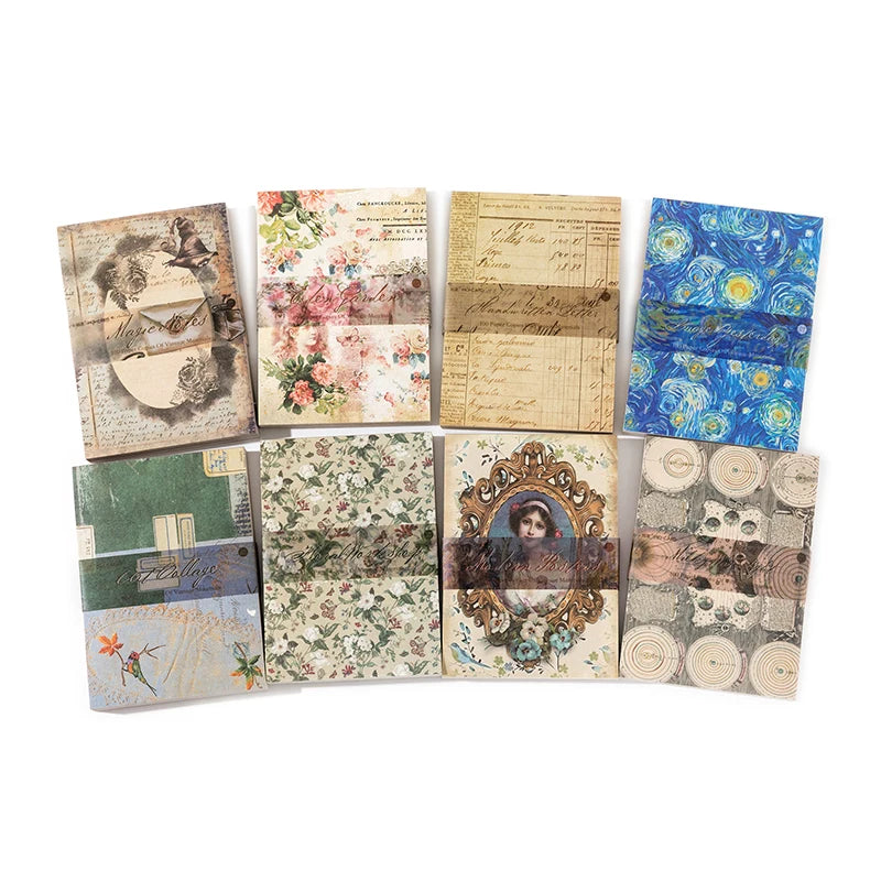A collection of vintage scrapbook paper sheets featuring floral, textured, and patterned designs for crafting.